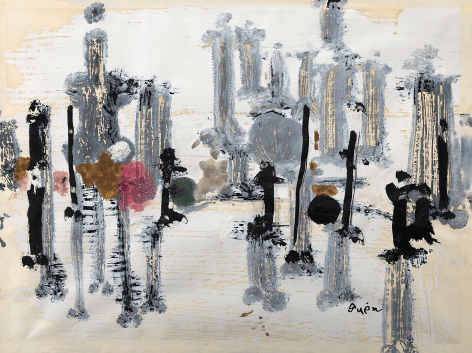 Image of &quot;#55&quot; mixed media painting by artist Genichiro Inokuma with gray, black, brown, pink and white colors and abstract shapes.