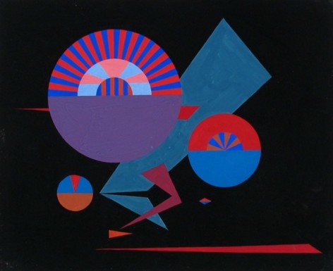 Image of sold abstract Ed Garman gouache and watercolor entitled &quot;No. 243&quot; with reds, blues, purple on black background.