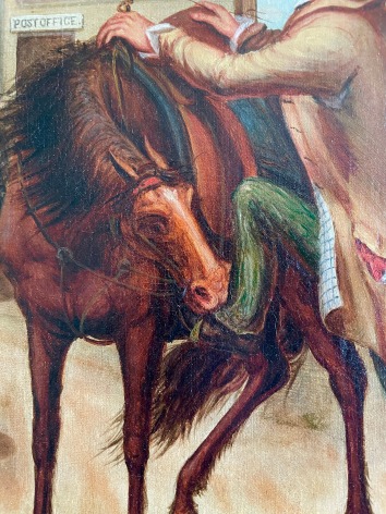 Closeup image of the newly purchased horse in &quot;Horse Trade Scene&quot; painting by Otis Bullard.
