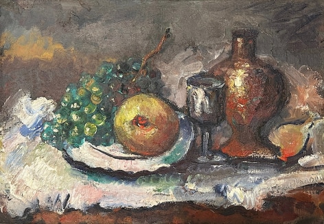 Image of still life painting of fruit and wine by Hans Burkhardt.