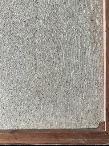 Image of verso detail on untitled (048) abstract painting by Naohiko Inukai in yellows, turquoise, orange, red, pink and green.