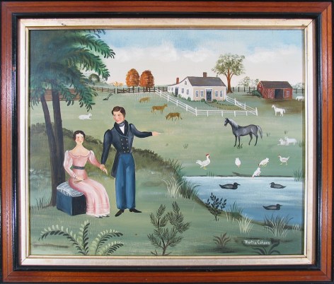 Image of a painted wooden frame of &quot;Couple by Farmyard&quot; painting by Martha Cahoon.