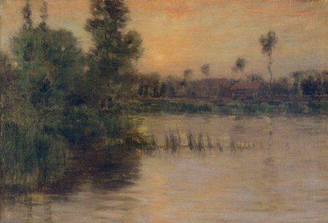 Image of a sold oil painting by Charles Eaton entitled &quot;On the Loing, France&quot; showing a waterway and foliage on the edges with a house in the distance.