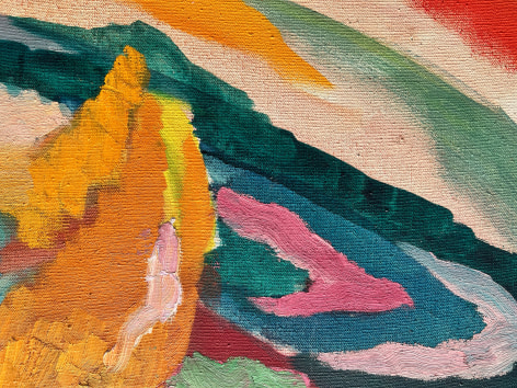 Image of detail on untitled (048) abstract painting by Naohiko Inukai in yellows, turquoise, orange, red, pink and green.