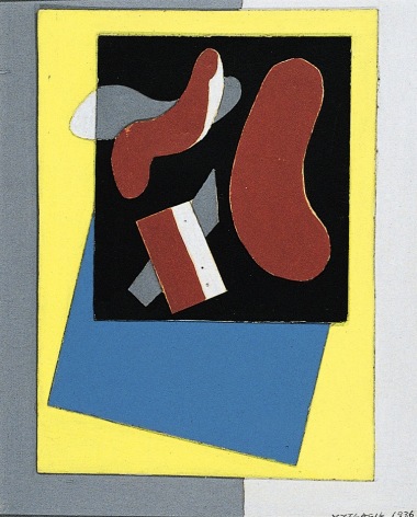 Image of Vaclav Vytlacil's sold 1936 abstract collage in yellow, blue, brown and gray.