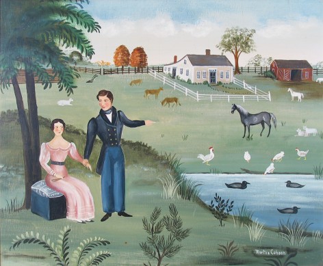 Image of oil painting entitled &quot;Couple by Farmyard&quot; by na&iuml;ve artists Martha Cahoon, which shows a seated woman and standing man in period dress holding hands on the left side of the painting with a pond and farm with various animals and fowl.