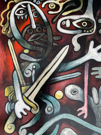 Closeup of detail showing sword carrying figure in lower left of the painting &quot;The Magician&quot; by Julio De Diego.