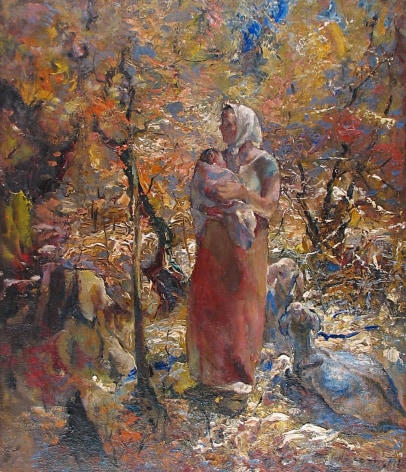Image of John Costigan oil painting entitled &quot;Mother and Child&quot; showing an impressionistic view of a woman in a red skirt holding an infant while standing in a fall colored woods.