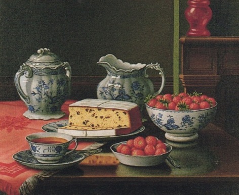 Image of Levi Wells Prentice's sold still life painting of tea, cake and strawberries set on a table.