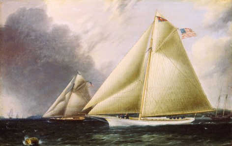 Image of James E. Buttersworth's untitled sold painting of two yachts racing with full sails toward the left of the frame.