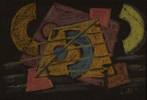 Image of untitled sold abstract pastel by Werner Drewes in orange, blues, yellow, and red.