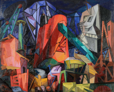 Image of oil painting by Seymour Franks by entitled &quot;Environs of a Bridge, NYC&quot; showing a colorful abstract modernist view of a cityscape with bridge.