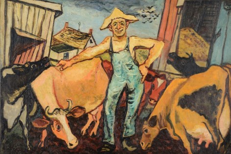 Image of oil painting by Gregorio Prestopino of a happy farmer in overalls standing amidst a bunch of cows.