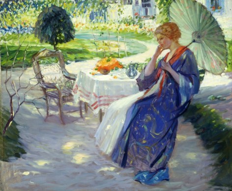 Image of sold painting by Pauline Palmer of a young woman sitting in a garden in a kimono having tea.