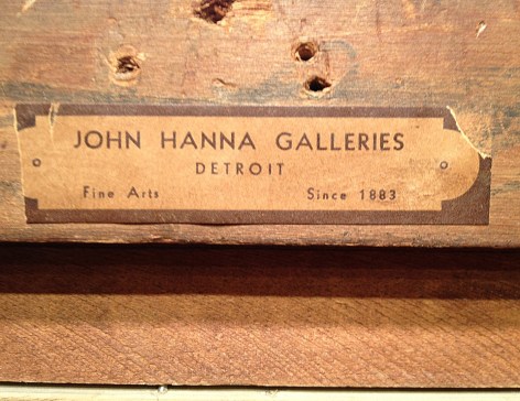 Image of John Hanna Galleries label verso on &quot;Haymakers Zeeland&quot; painting by George Hitchcock.