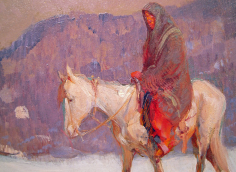 Detail image of Snow Covered Trail painting by Oscar Berninghaus showing closeup of the right side Native American riding a white horse..