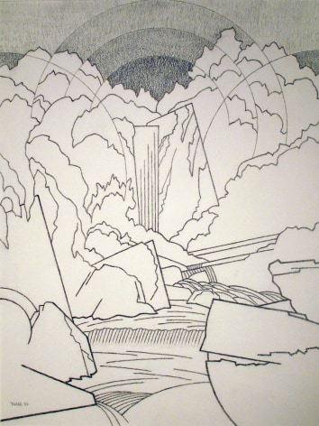 Sold pencil drawing of rocks and waterfall by Easton Pribble.