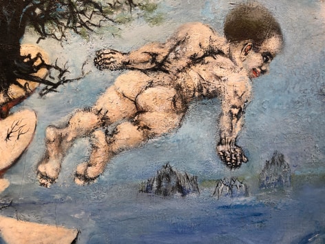 Closeup detail of one man diving off the rocks into the water in &quot;Lure of the Waters&quot; painting by Philip Evergood.