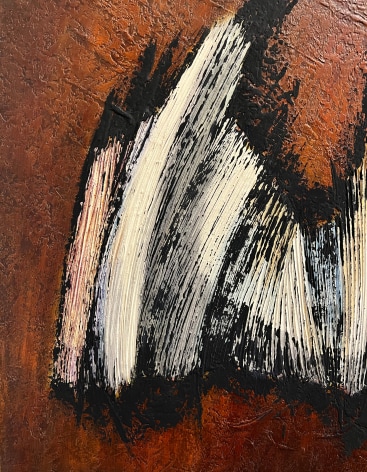 Closeup detail image of untitled #010 painting by Frederik Ottesen showing strong brushstrokes in white, outlined with black on a rich brown background.