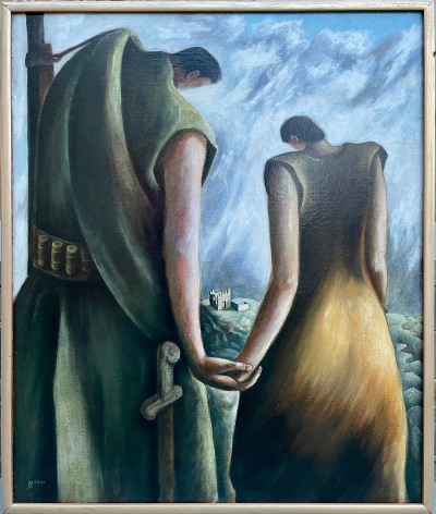 Image of simple painted frame of &quot;Homage to the Spanish Republic&quot; 1938 oil painting by Julio De Diego.