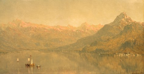 Image of sold Sanford Gifford oil painting of Lago di Como with a boat in the foreground and a small village across the lake.