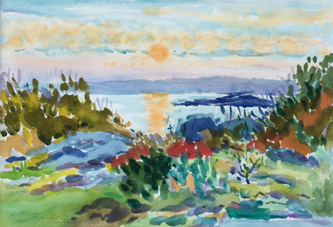 Image of sold Nell Blaine watercolor painting &quot;Quiet Harbor&quot; showing a orange sunset over water with a garden in the foreground.