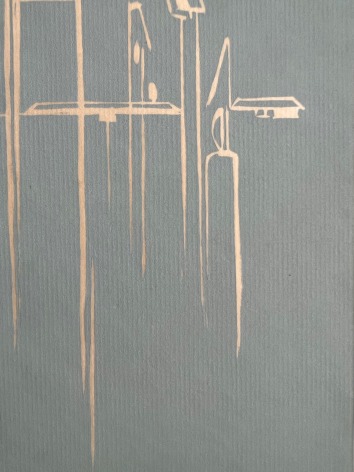 Closeup image of untitled (027) lithograph in light blue by Hans Burkhardt.