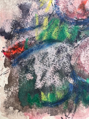 Image of close-up of mixed media abstract by Hans Burkhardt in pinks, black and other colors.