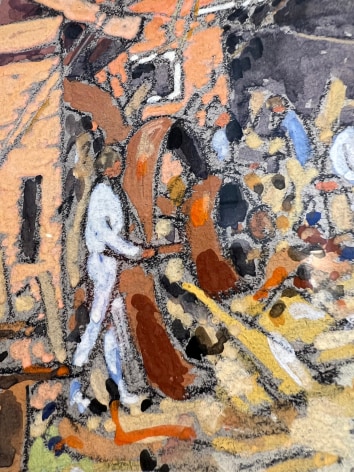 Closeup detail image of  painting &quot;At the Dry Dock, Gloucester, MA&quot; by Eleanor Parke Custis showing figures working on boats.