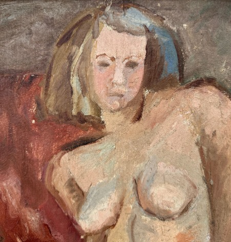 Image of detail from Hans Burkhardt's 1930 nude portrait of his wife Louise, kneeling on a sofa.