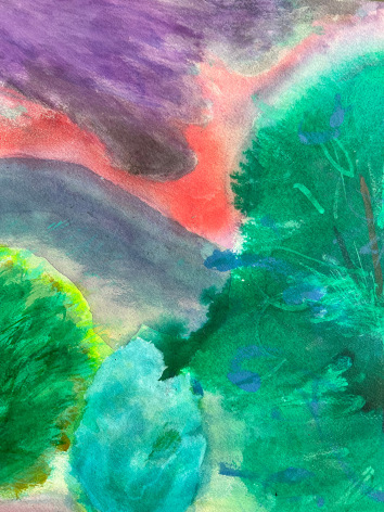 Closeup detail image of untitled landscape by Naohiko Inukai of green and blue trees with a purple and red sky in the background.