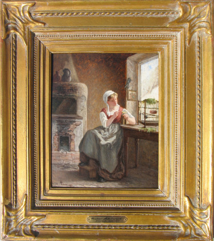 Frame image of &quot;Girl with Bird&quot; oil painting by Michel Arnoux showing painting in its gold colored frame.