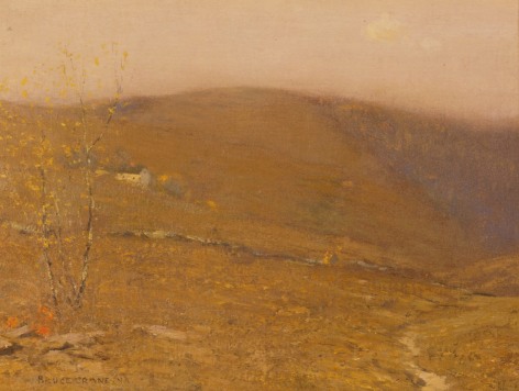 Image of sold painting by Bruce Crane showing a golden colored hill with a white house on it.
