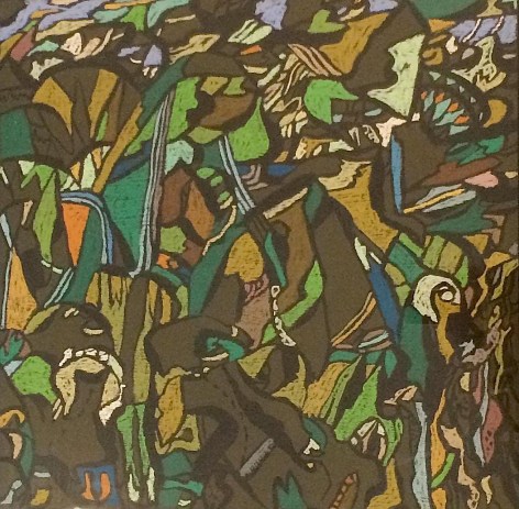 Image of Fred Martin abstract painting of Spring Landscape done in browns, greens, blues and cream colors.