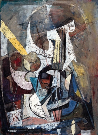 Image of sold abstract painting by John Von Wicht entitled &quot;Arrangement with Guitar&quot; showing a cubist abstraction of a guitar.
