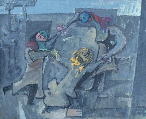Image of oil painting entitled &quot;Fasnacht&quot; by Hans Burkhardt showing three abstract figures holding hands in a circle.