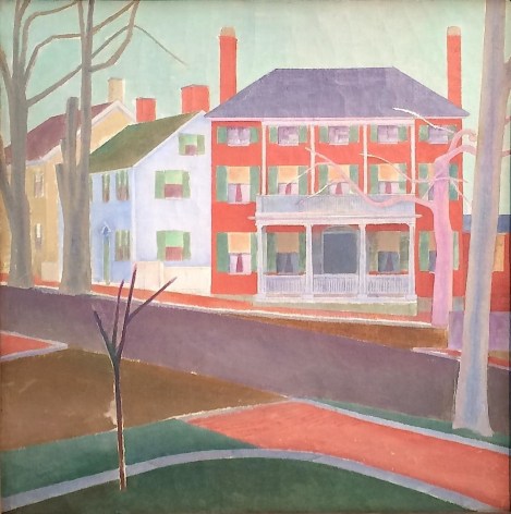 Image of a square painting with red, grey and beige houses along a street, entitled &quot;New England&quot; by artist Stefan Hirsch.
