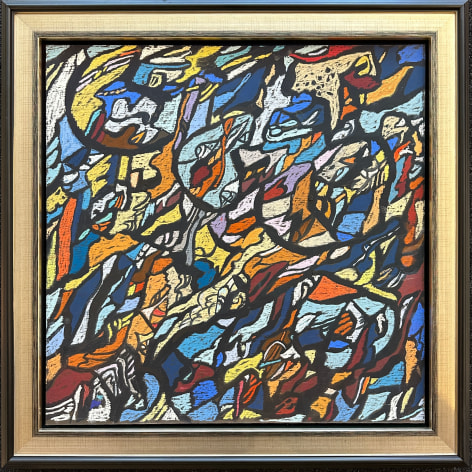 Image of frame on abstract pastel and acrylic painting &quot;Over Isfahan&quot; by Fred Martin, depicting many colored random shapes most of which are outlined in black.