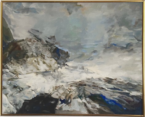 Thin gold colored frame of &quot;Storm on the Maine Coast&quot; painting by Balcomb Greene.