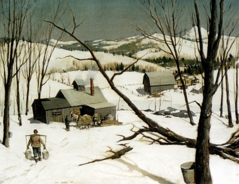 Image of Paul Sample's painting titled &quot;Maple Sugaring&quot; showing a person carrying two buckets of maple sap down a snowy hill towards a sugar shack.