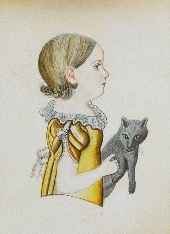 Image of sold watercolor portrait of Mary wearing a yellow dress and holding a gray cat by Edwin Plummer.