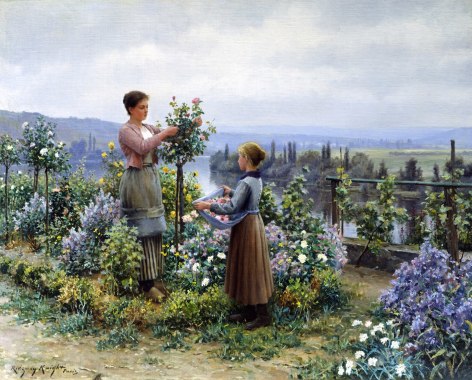 Image of sold painting by Daniel Ridgway Knight entitled &quot;Picking Flowers&quot; showing an older woman and younger woman taking cuttings from a topiary rose bush.