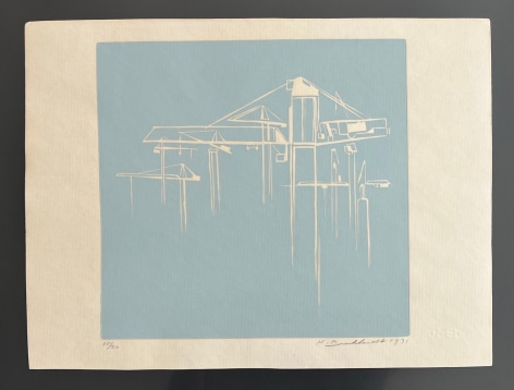 Image of full sheet of untitled (027) lithograph in light blue by Hans Burkhardt.