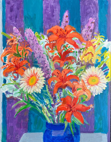 Image of still life oil painting of a blue vase with orange lilies and blazing star flowers by Nell Blaine.