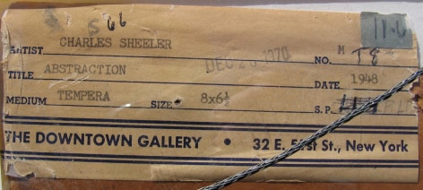 The Downtown Gallery label verso on 1948 Abstraction by Charles Sheeler.