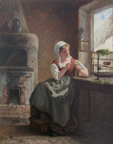 Oil painting entitled &quot;Girl with Bird&quot; by artist Michel Arnoux showing a young 19th century woman sitting near an open window in front of a cold hearth with a small bird on her fingers. .