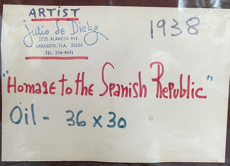 Image of artist's label verso on &quot;Homage to the Spanish Republic&quot; 1938 oil painting by Julio De Diego.