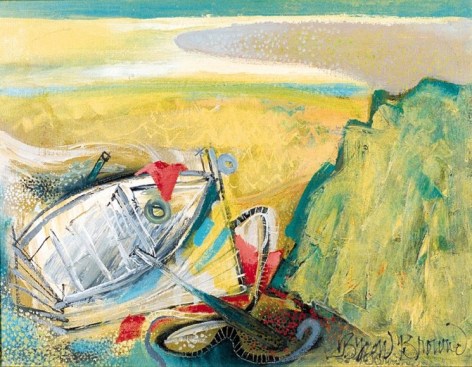 Image of Byron Browne sold oil painting entitled &quot;Provincetown&quot; showing a boat and oar on the dune.