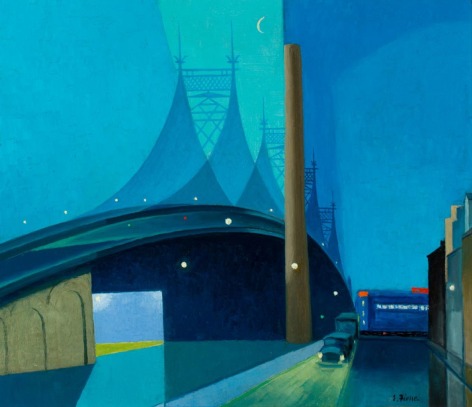 Image of Ernest Fiene's sold painting entitled &quot;The Bridge&quot; showing a modernist depiction of city bridge at night in a palette of blues.