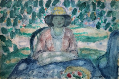 Image of sold watercolor by Frederick Frieseke titled &quot;In the Garden, Giverny&quot; showing a young woman n a yellow hat sitting at a table under greenery.